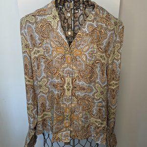 Indigo Palms silk print top - fun frilled wrists NWOT XL